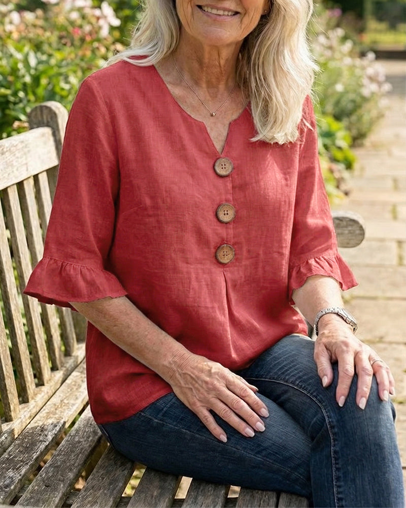 Solid Color Cotton Linen Blouse with Buttons and Ruffles