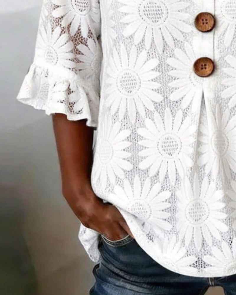 Blouse with Ruffled Daisy Pattern and Ruffle Sleeves