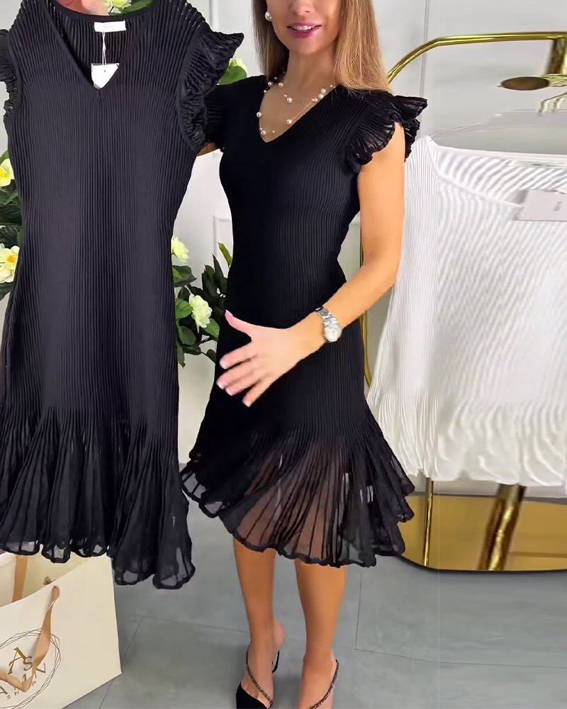 Ruffled Lace V-Neck Short Sleeve Dress