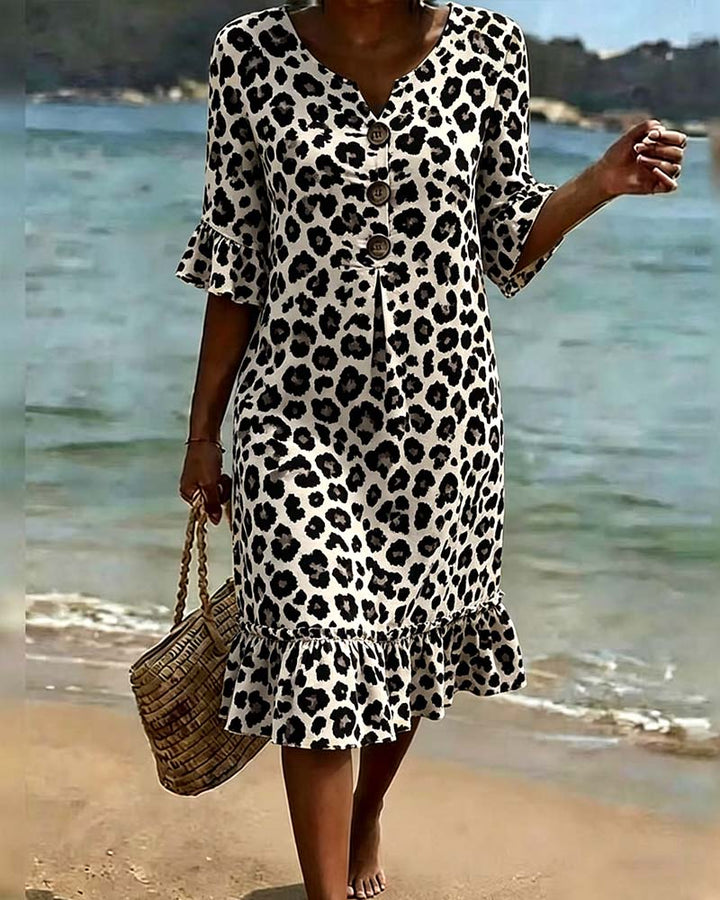 Dress Leopard Print V-Neck Ruffle