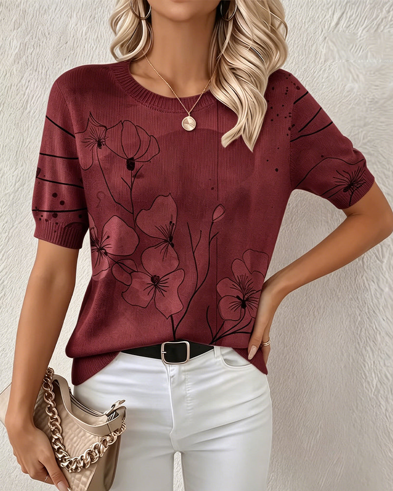 Sweater Printed Short Sleeve Round Neck Pullover
