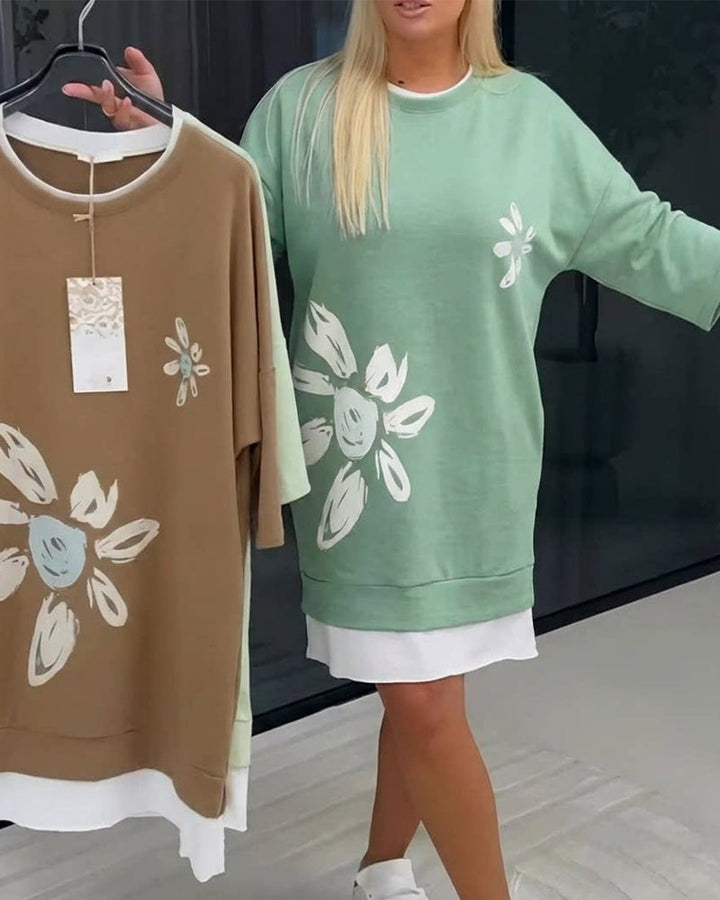 Sweatshirt Dress Round Neck Printed Patchwork