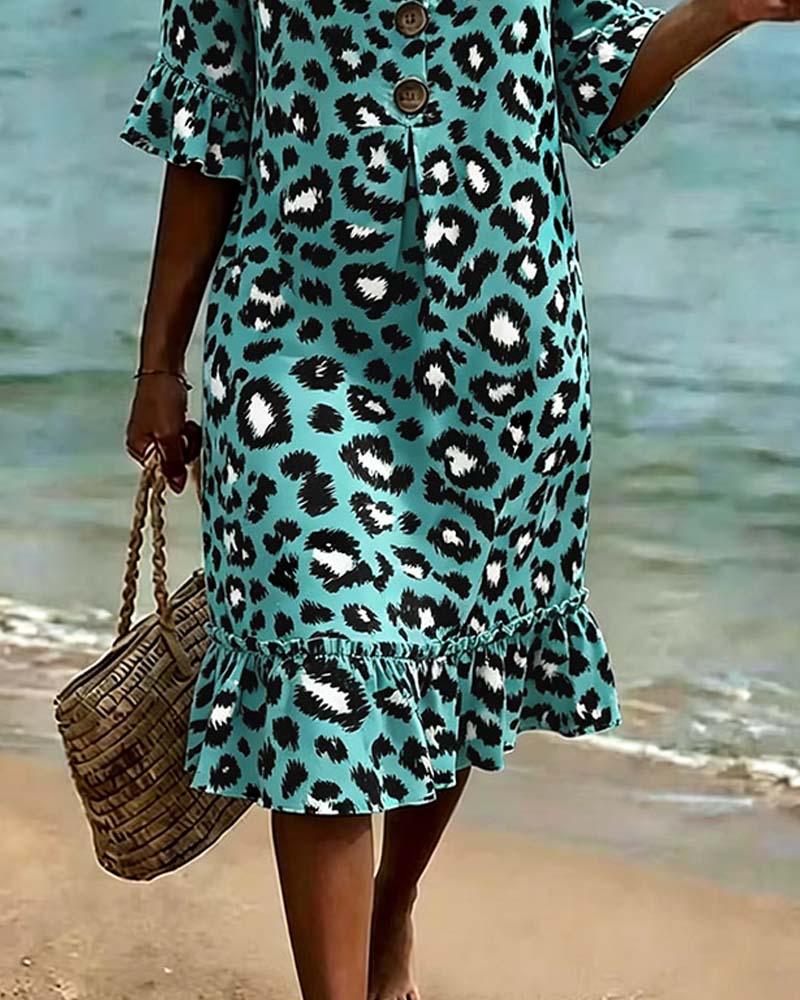 Dress Leopard Print V-Neck Ruffle