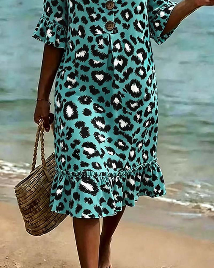 Dress Leopard Print V-Neck Ruffle