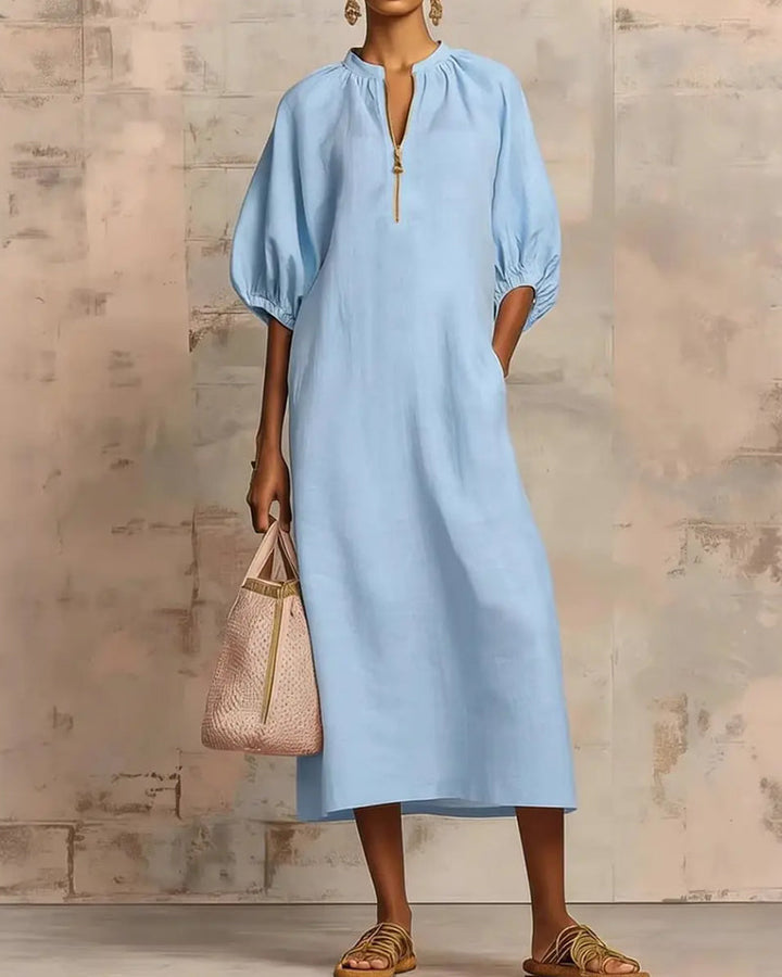 Long Sleeve Lantern Dress with Half Zipper