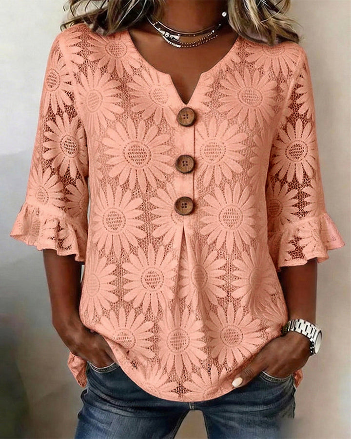 Blouse with Ruffled Daisy Pattern and Ruffle Sleeves