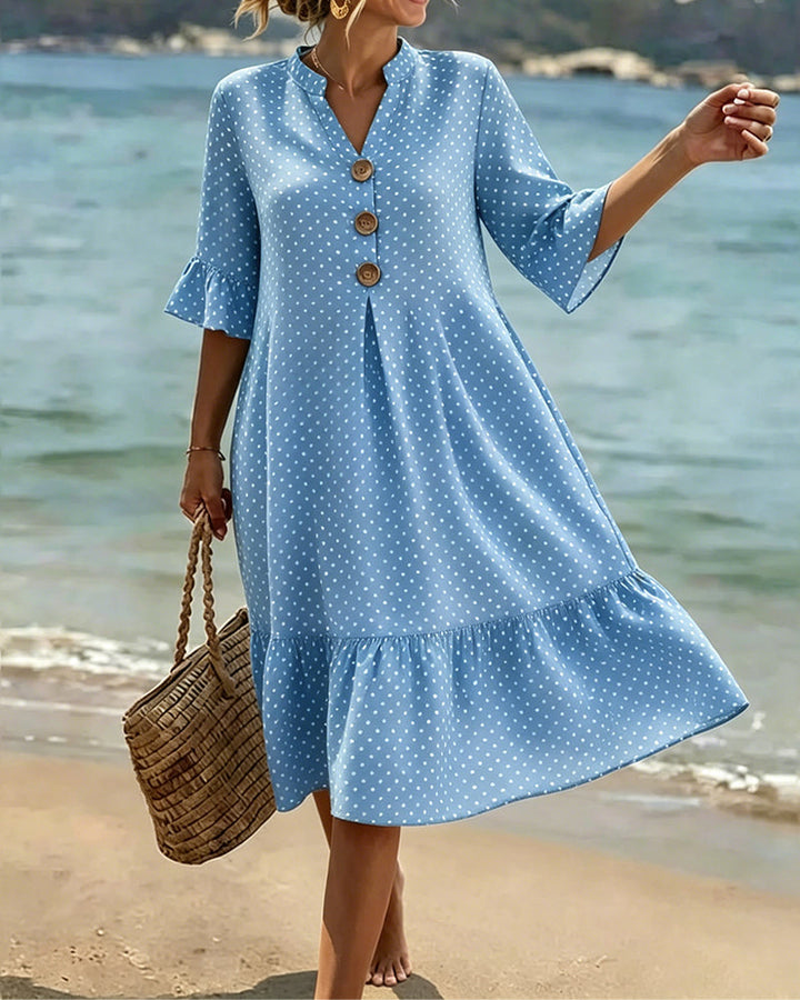 Polka Dot V-Neck Ruffled Sleeve Dress
