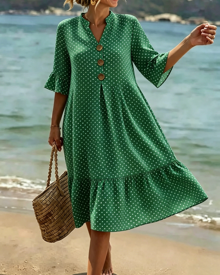 Polka Dot V-Neck Ruffled Sleeve Dress