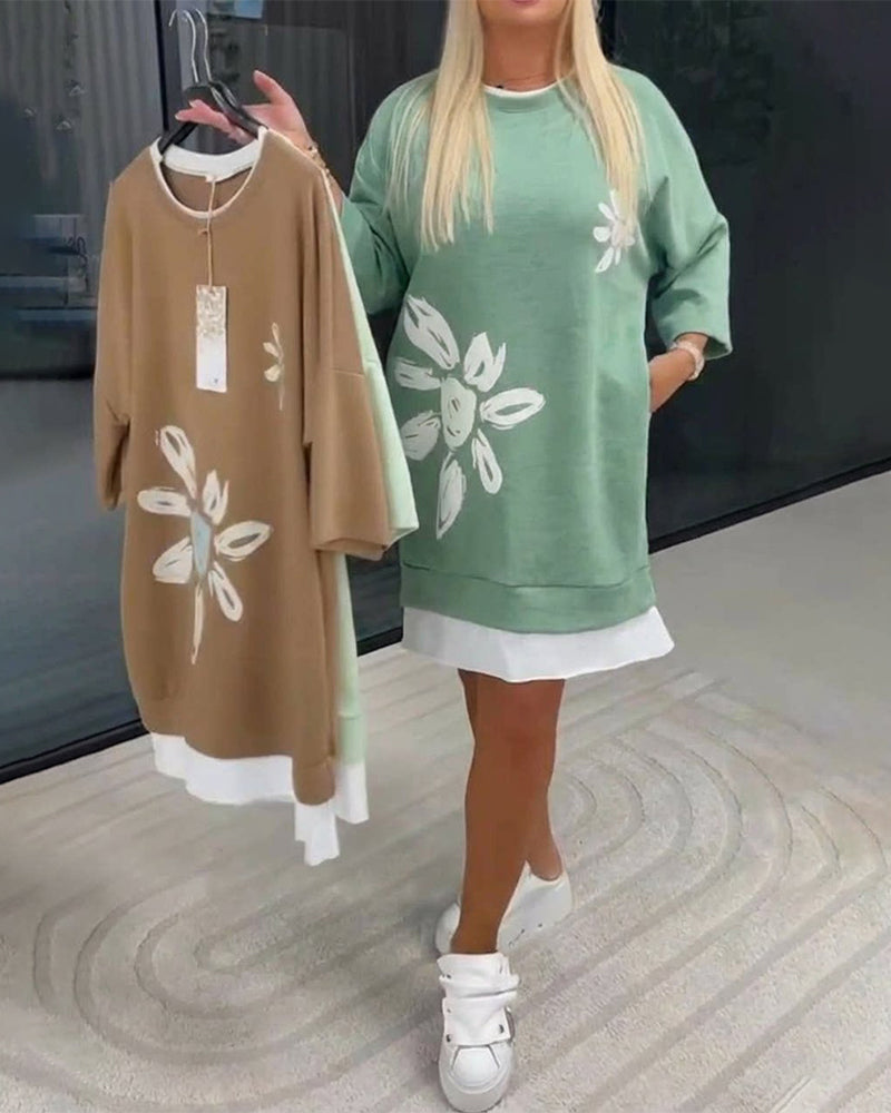 Sweatshirt Dress Round Neck Printed Patchwork