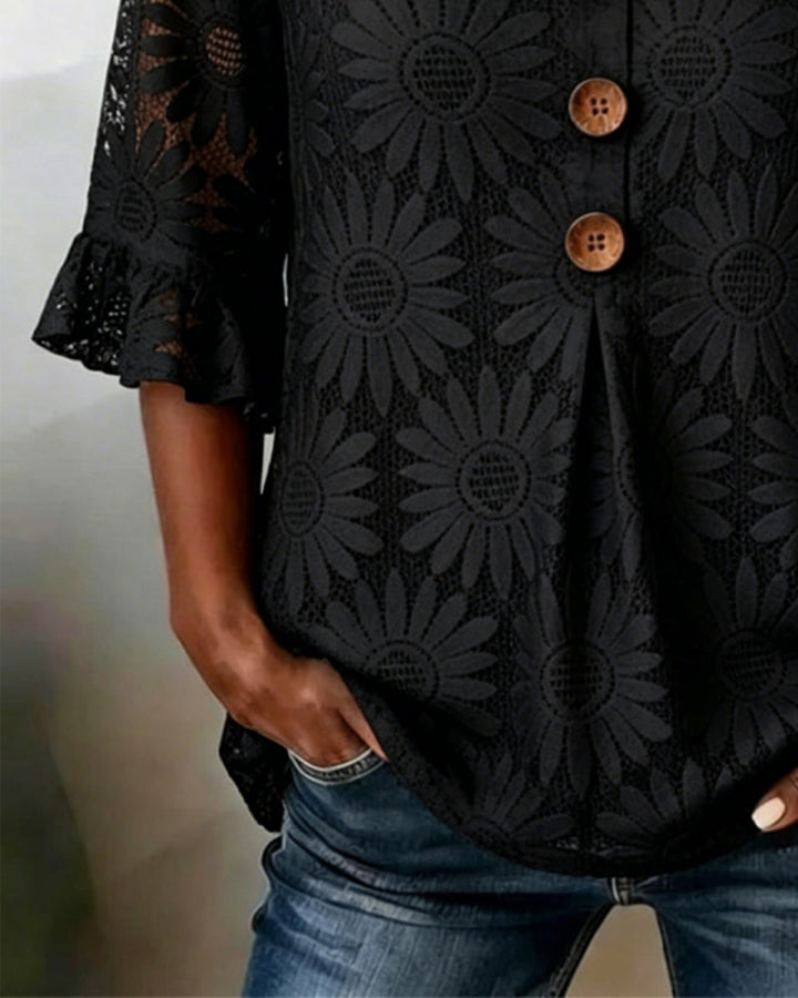 Blouse with Ruffled Daisy Pattern and Ruffle Sleeves