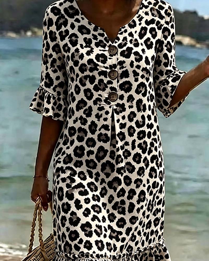 Dress Leopard Print V-Neck Ruffle