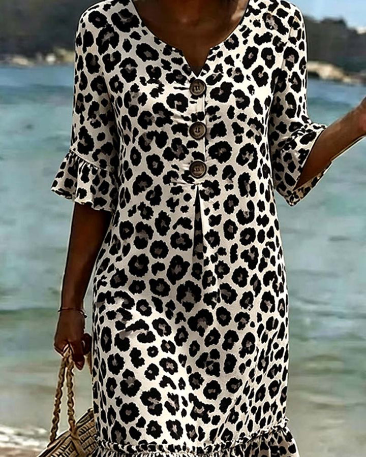 Dress Leopard Print V-Neck Ruffle