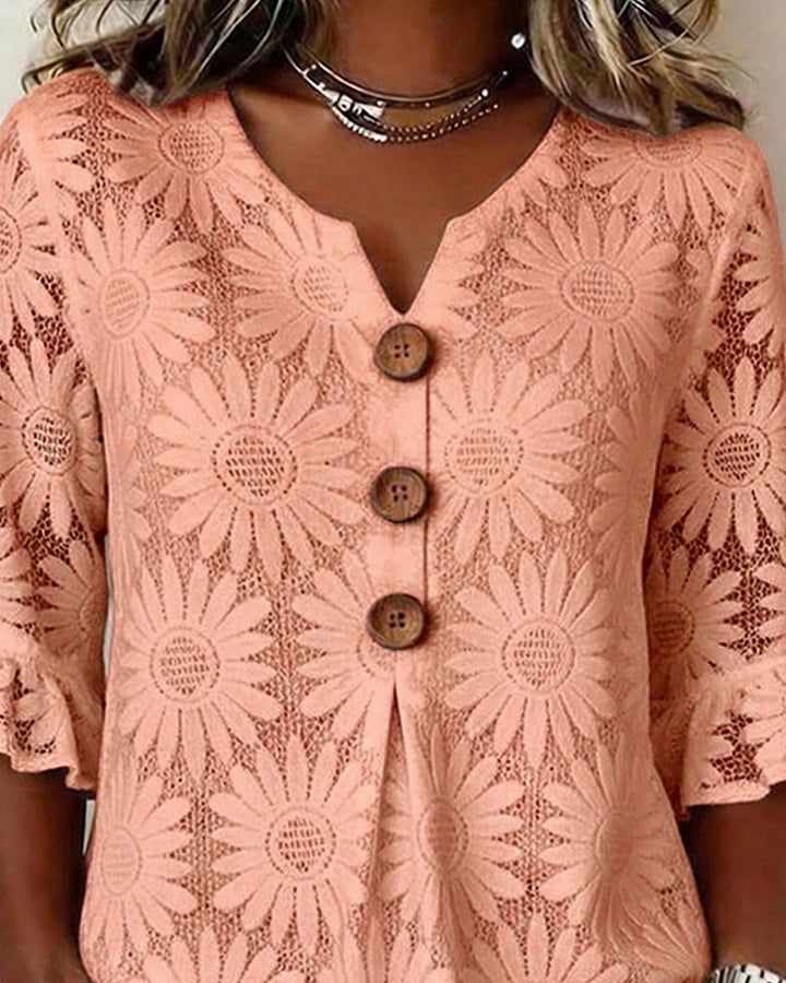 Blouse with Ruffled Daisy Pattern and Ruffle Sleeves