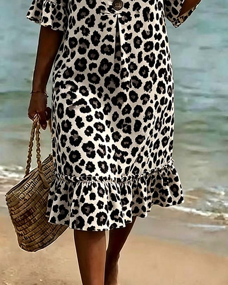 Dress Leopard Print V-Neck Ruffle