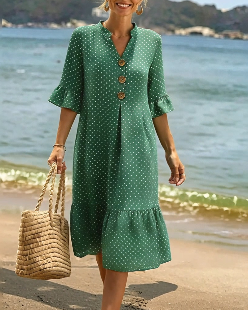 Polka Dot V-Neck Ruffled Sleeve Dress