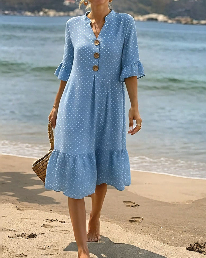 Polka Dot V-Neck Ruffled Sleeve Dress