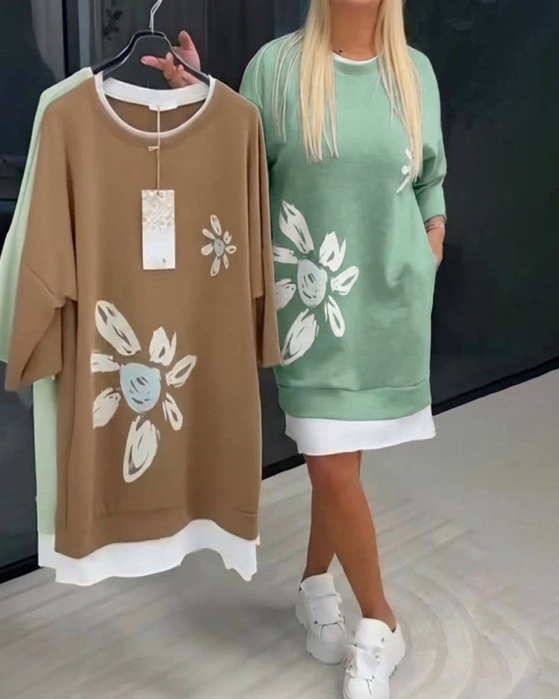 Sweatshirt Dress Round Neck Printed Patchwork