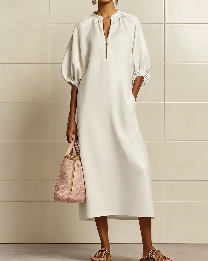 Long Sleeve Lantern Dress with Half Zipper
