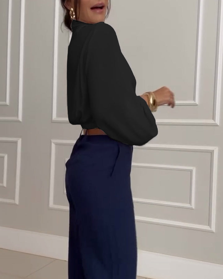 Trendy Lantern Sleeve Blouse with Solid V-Neck