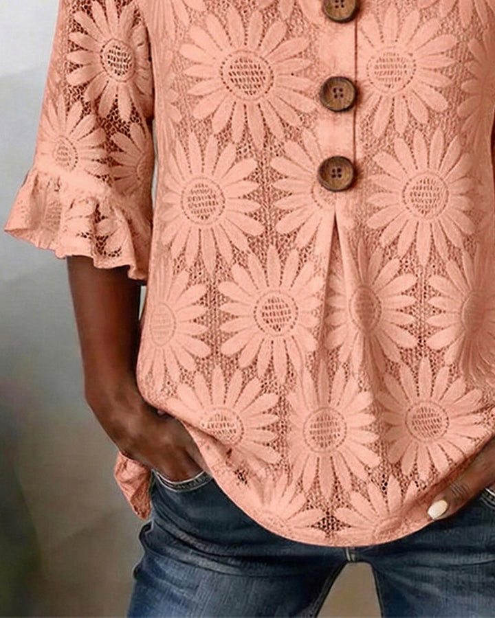 Blouse with Ruffled Daisy Pattern and Ruffle Sleeves