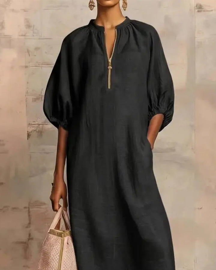 Long Sleeve Lantern Dress with Half Zipper