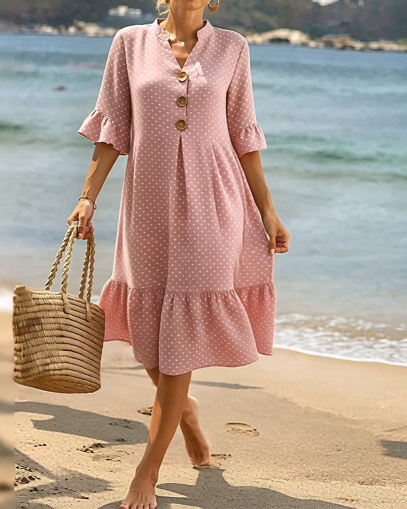 Polka Dot V-Neck Ruffled Sleeve Dress