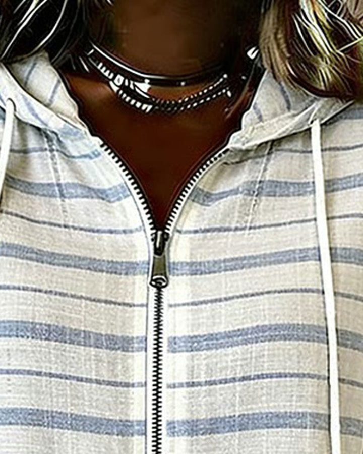 Striped Hoodie Zipper Short Sleeve