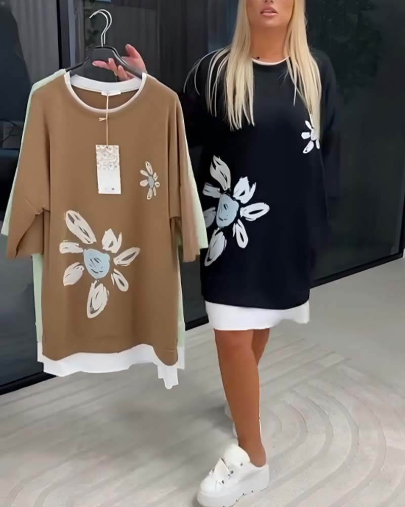 Sweatshirt Dress Round Neck Printed Patchwork