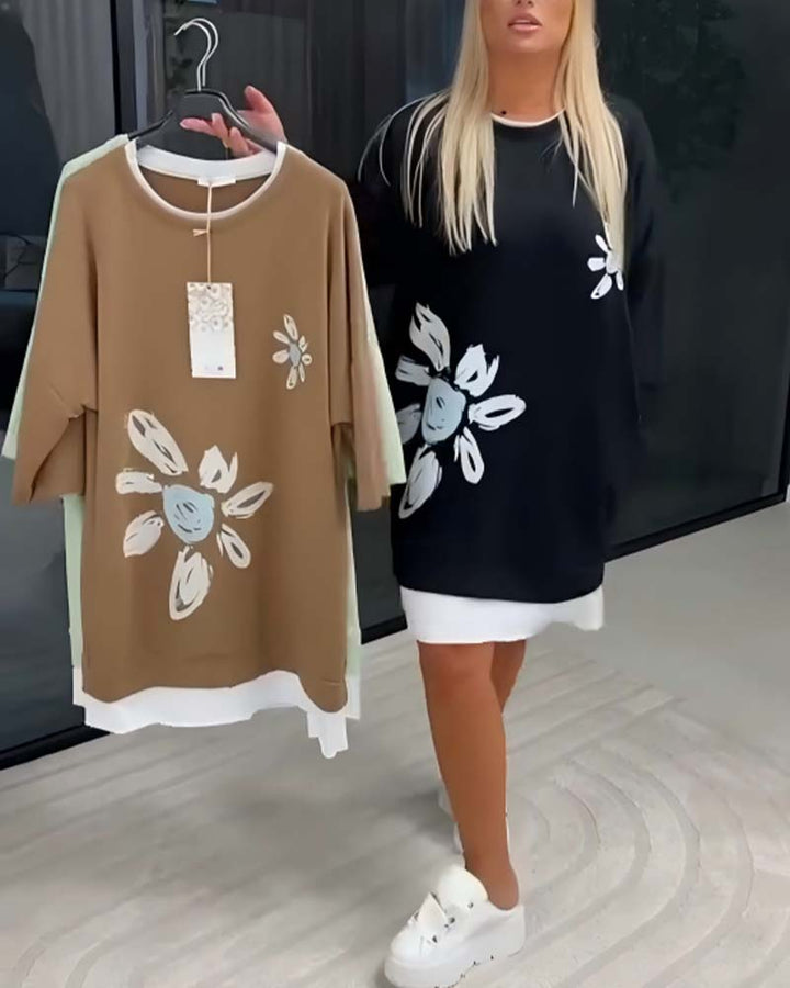 Sweatshirt Dress Round Neck Printed Patchwork