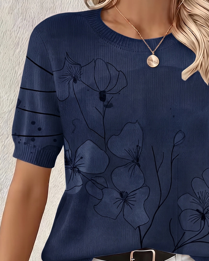 Sweater Printed Short Sleeve Round Neck Pullover