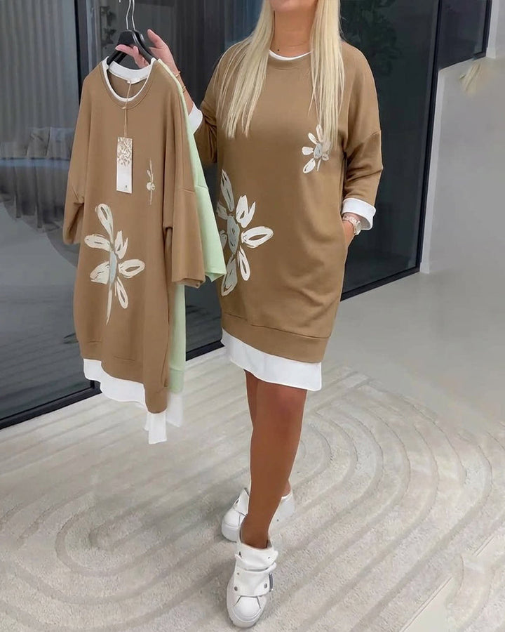 Sweatshirt Dress Round Neck Printed Patchwork