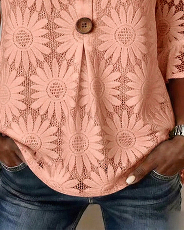 Blouse with Ruffled Daisy Pattern and Ruffle Sleeves