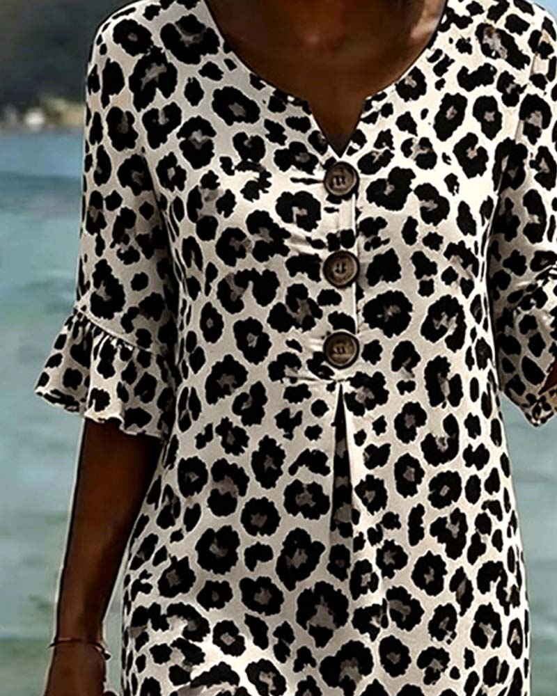Dress Leopard Print V-Neck Ruffle