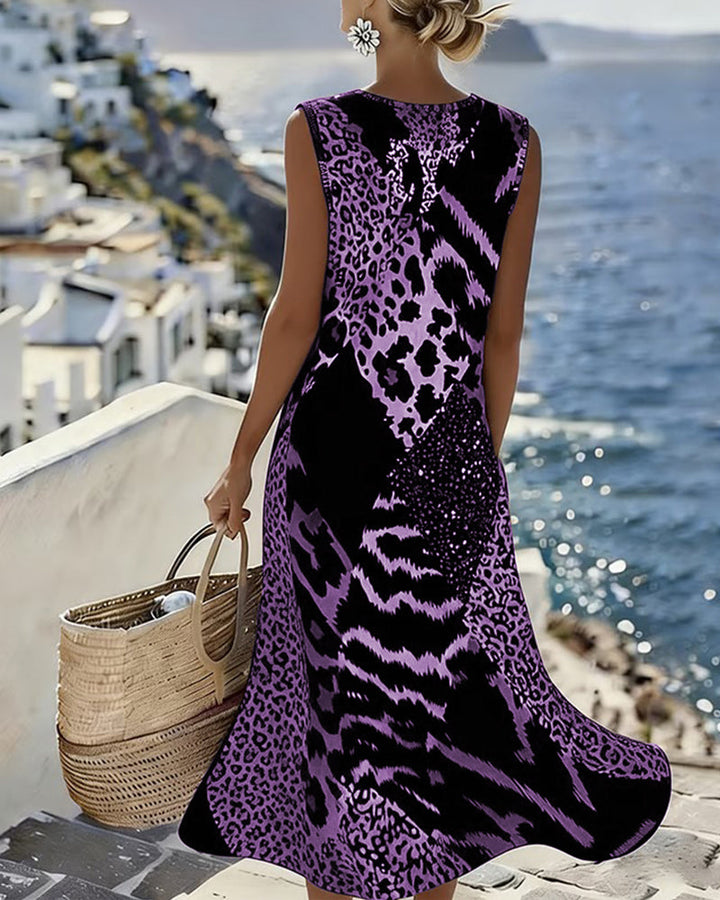 Dress Patchwork Leopard Print Sleeveless Long