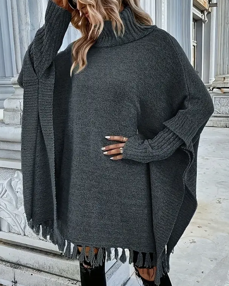 Pullover with Batwing Sleeves and Fringe