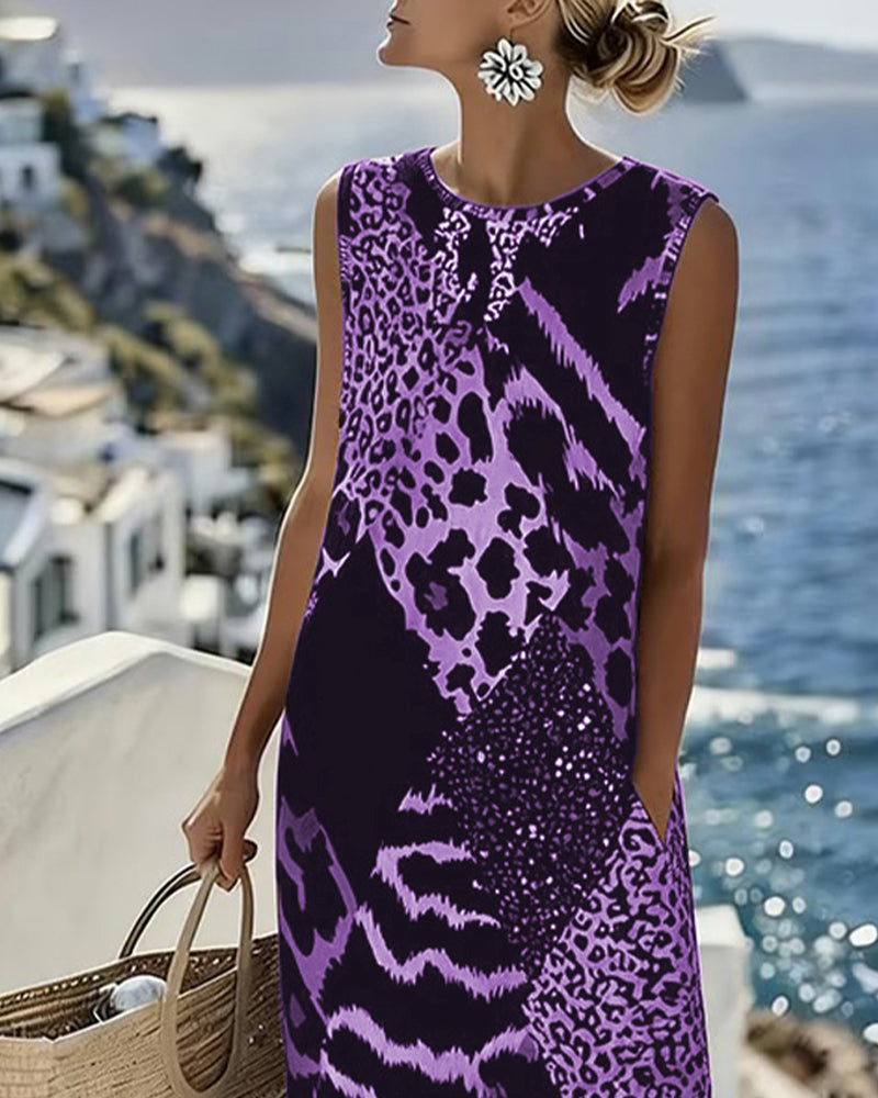 Dress Patchwork Leopard Print Sleeveless Long