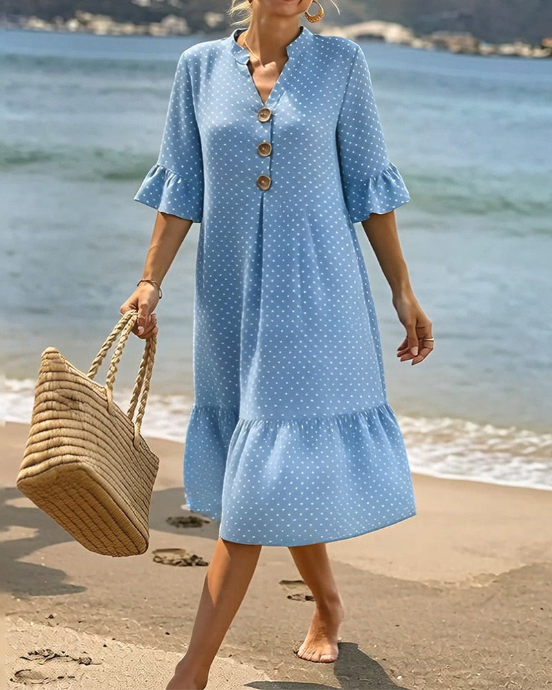 Polka Dot V-Neck Ruffled Sleeve Dress