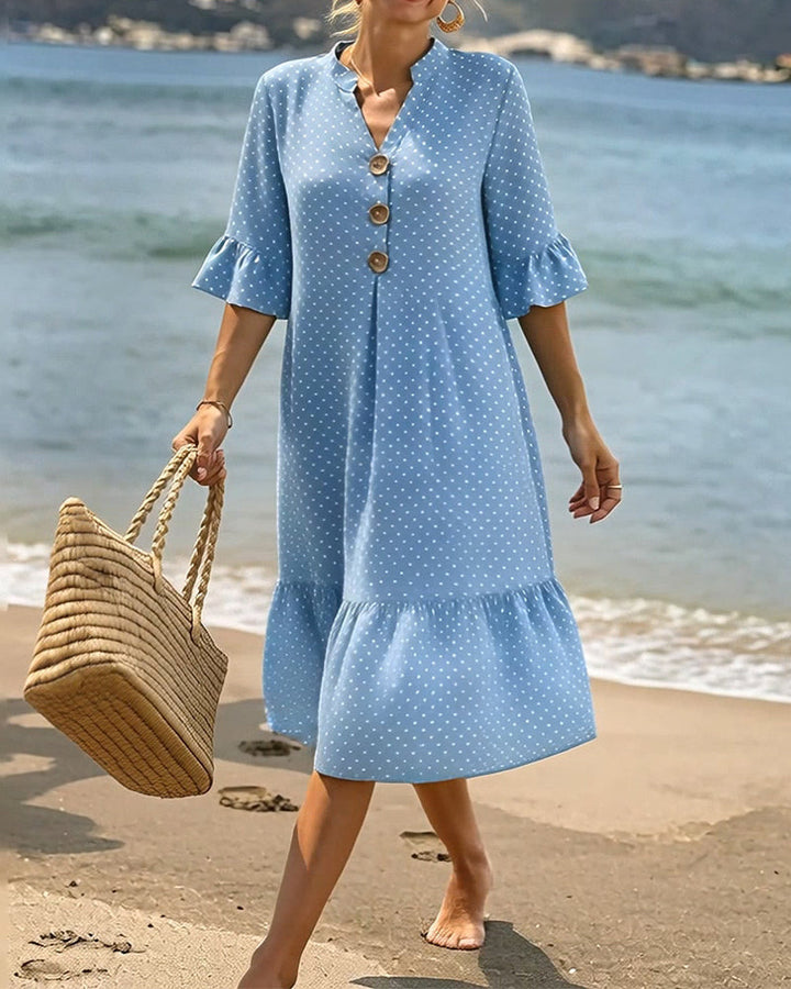 Polka Dot V-Neck Ruffled Sleeve Dress