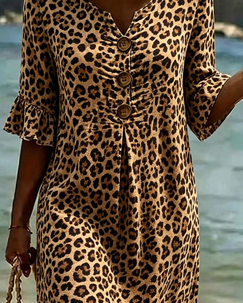 Dress Leopard Print V-Neck Ruffle