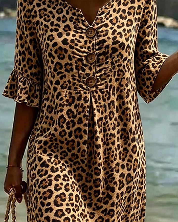 Dress Leopard Print V-Neck Ruffle