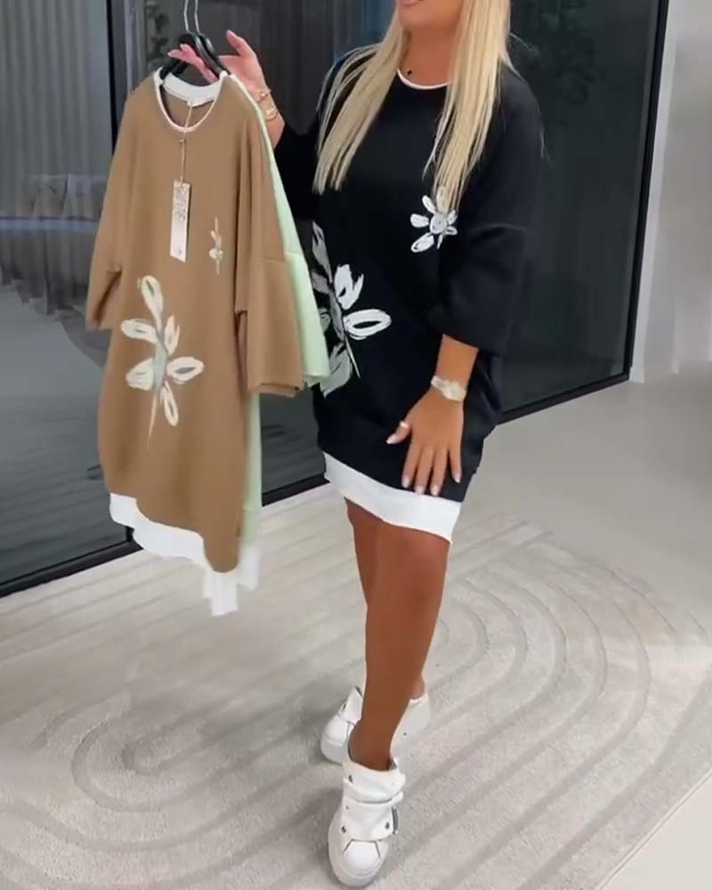 Sweatshirt Dress Round Neck Printed Patchwork