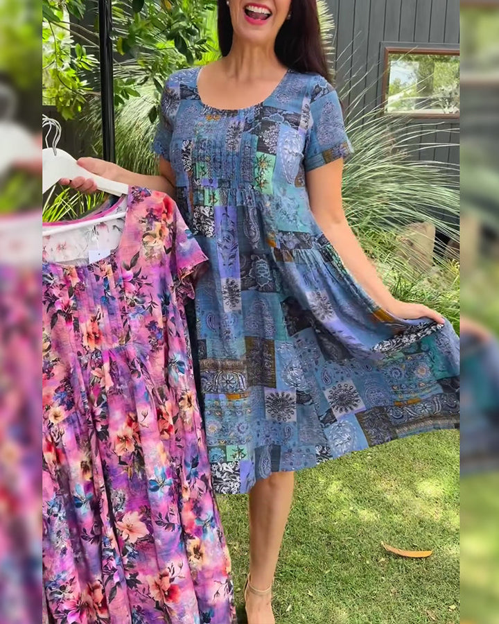 Dress Round Neck Pleated Printed A-Line