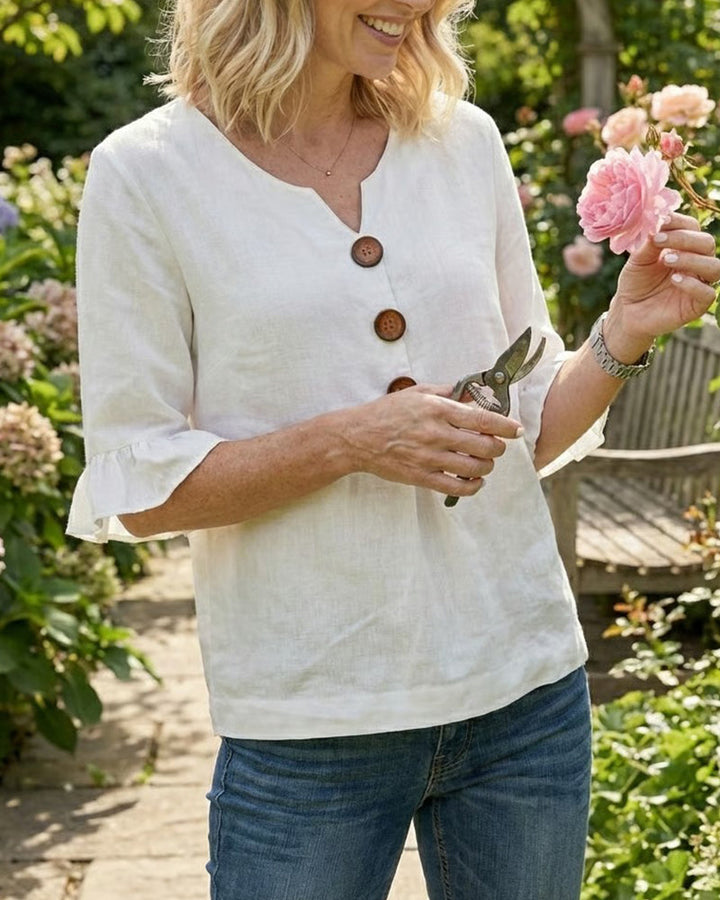 Solid Color Cotton Linen Blouse with Buttons and Ruffles