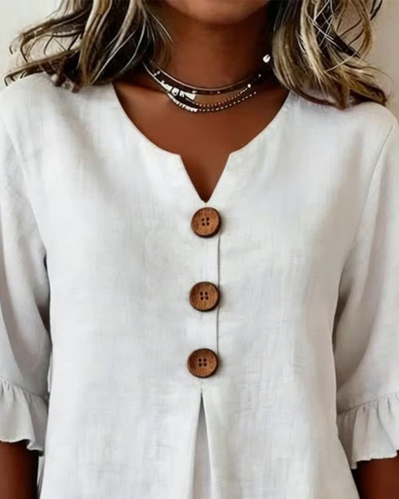 Solid Color Cotton Linen Blouse with Buttons and Ruffles