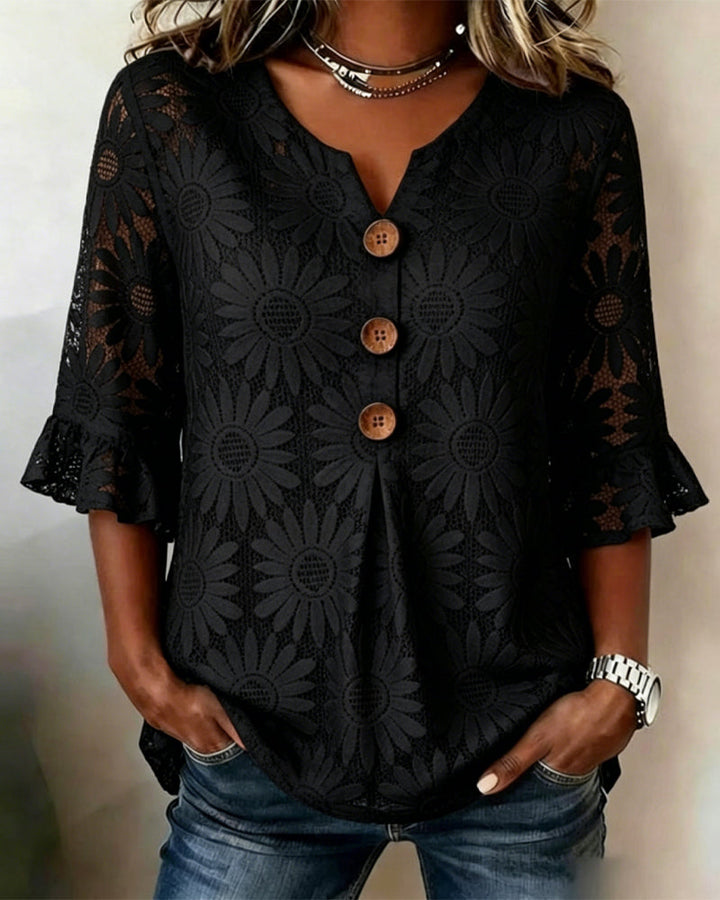 Blouse with Ruffled Daisy Pattern and Ruffle Sleeves