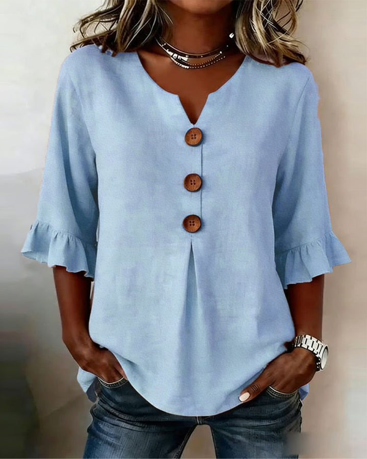 Solid Color Cotton Linen Blouse with Buttons and Ruffles