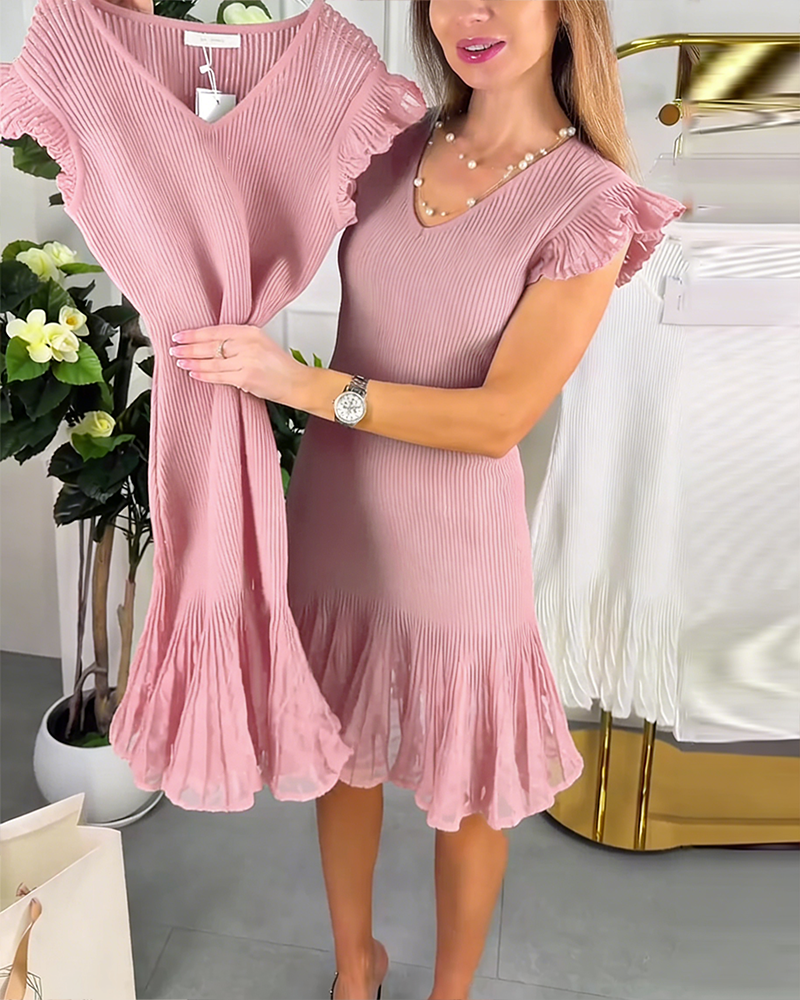 Ruffled Lace V-Neck Short Sleeve Dress