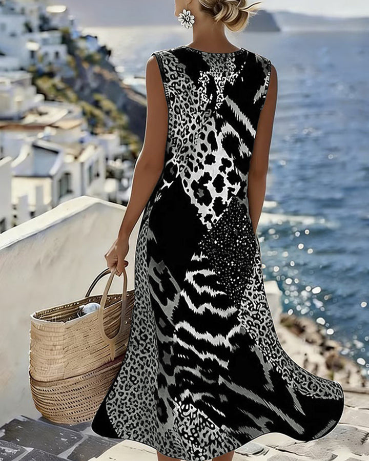 Dress Patchwork Leopard Print Sleeveless Long