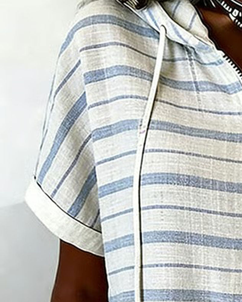 Striped Hoodie Zipper Short Sleeve