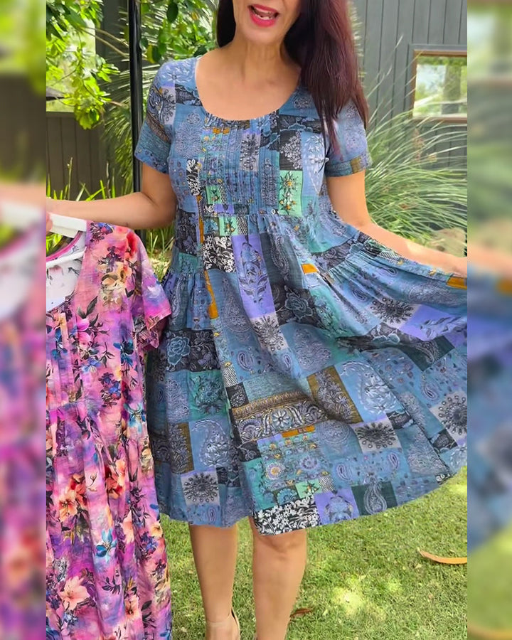 Dress Round Neck Pleated Printed A-Line